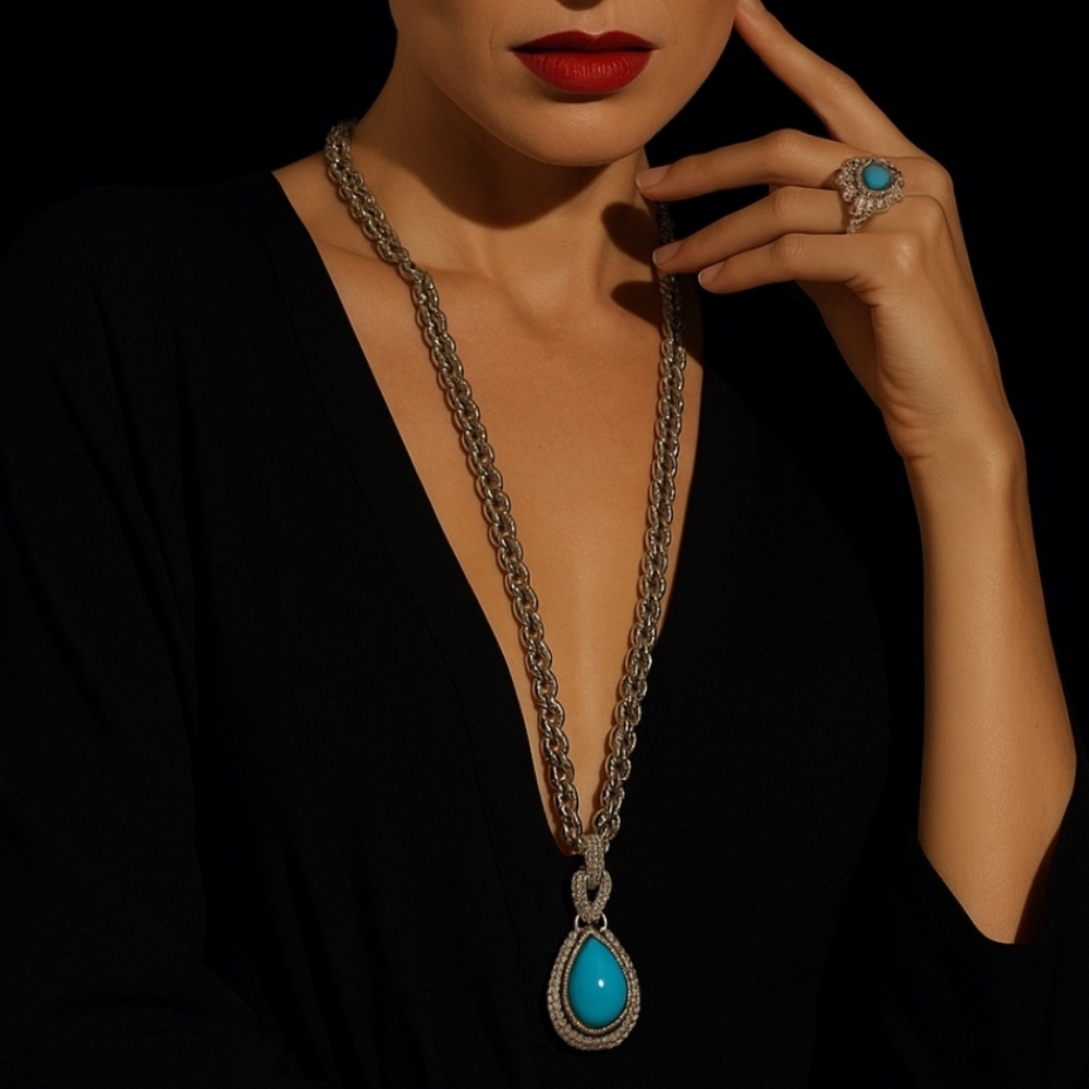 VINTAGE AVON SILVERTONE TURQUOISE DROP PENDANT NECKLACE ROPE CHAIN STATEMENT
